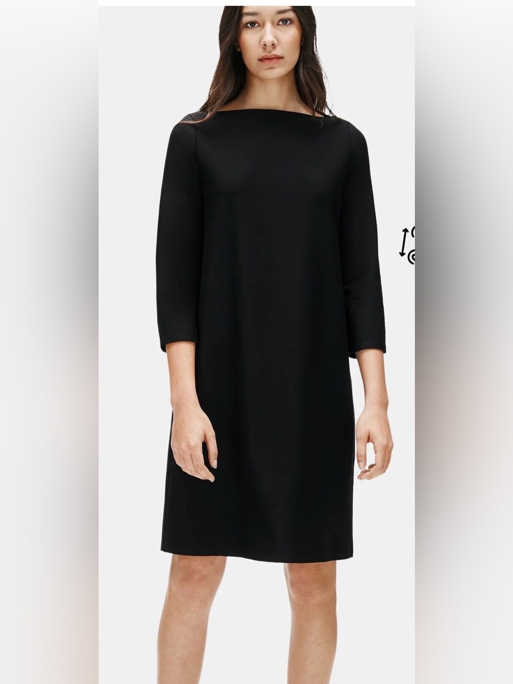 Eileen Fisher Black Shift Dress with Bateau Neck and 3/4 sleeves - Picture 2 of 4